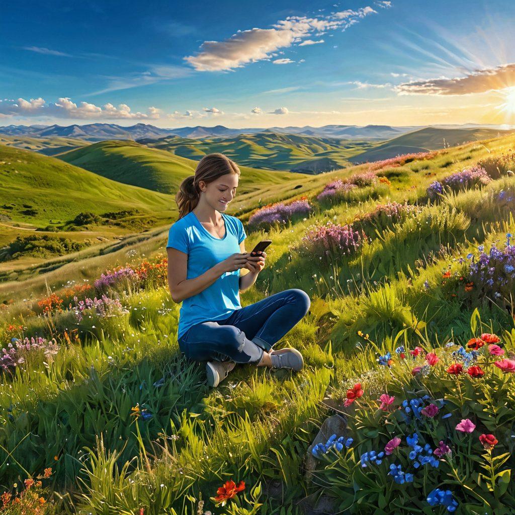 A serene landscape featuring a person joyfully using a smartphone to track their health on a grassy hill, surrounded by vibrant wildflowers and a clear blue sky. In the background, soft, rolling hills symbolize personal growth and balance in well-being. Light rays illuminating the scene, showcasing positivity and energy. super-realistic. vibrant colors. 3D.