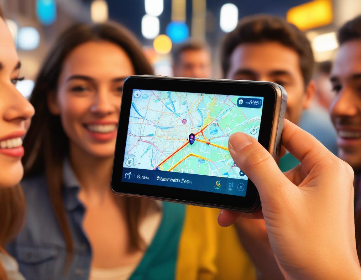 A close-up of a modern tracking device glowing with vibrant colors, surrounded by people happily using various devices that depict joy and satisfaction in their faces. In the background, a digital map is visible, showcasing real-time tracking of loved ones. The scene should radiate a sense of security and connection, emphasizing the ease and delight of using Tracpone's technology. super-realistic. colorful. dynamic composition.