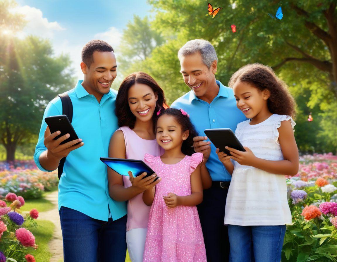 A joyful family using Tracfone devices in a sunlit park, surrounded by colorful flowers and playful butterflies. The scene captures laughter and connection, with parents and children sharing moments of happiness, their devices showcasing vibrant screens. Bright blue skies and fluffy clouds enhance the cheerful atmosphere. super-realistic. vibrant colors. cheerful and lively.